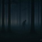 A dark shadowy figure moving between trees in a forest at dusk