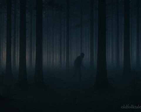 A dark shadowy figure moving between trees in a forest at dusk