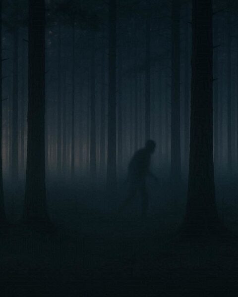 A dark shadowy figure moving between trees in a forest at dusk