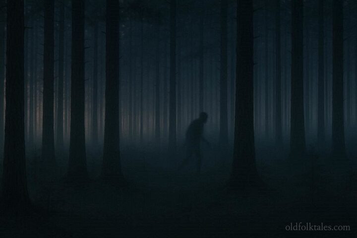 A dark shadowy figure moving between trees in a forest at dusk