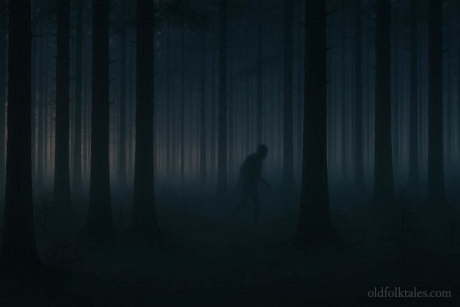 A dark shadowy figure moving between trees in a forest at dusk