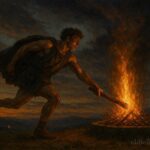 A runner lighting signal fires across hilltops to warn villages of approaching danger