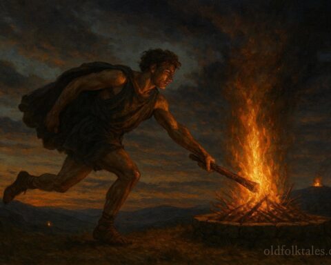 A runner lighting signal fires across hilltops to warn villages of approaching danger