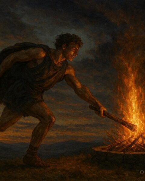 A runner lighting signal fires across hilltops to warn villages of approaching danger