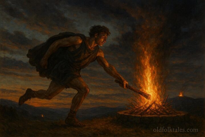 A runner lighting signal fires across hilltops to warn villages of approaching danger