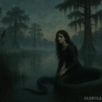 Shapeshifting snake woman near a river representing the Sint Holo legend