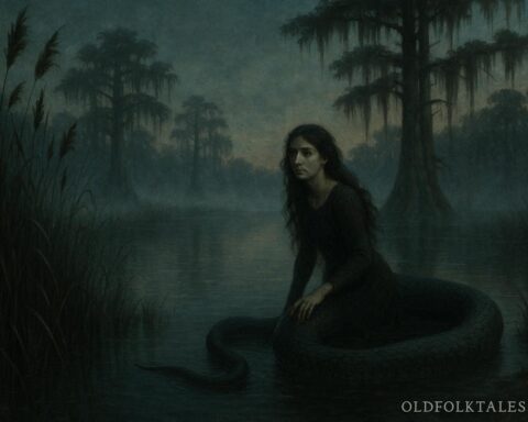 Shapeshifting snake woman near a river representing the Sint Holo legend