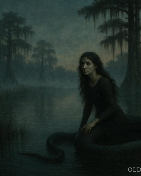 Shapeshifting snake woman near a river representing the Sint Holo legend