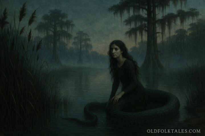 Shapeshifting snake woman near a river representing the Sint Holo legend