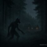 Shadowy shapeshifting spirit figure in a dark forest representing the Skadegamutc ghost witch legend