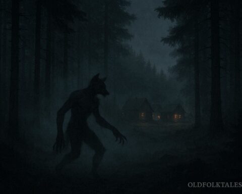 Shadowy shapeshifting spirit figure in a dark forest representing the Skadegamutc ghost witch legend