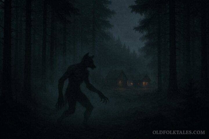 Shadowy shapeshifting spirit figure in a dark forest representing the Skadegamutc ghost witch legend