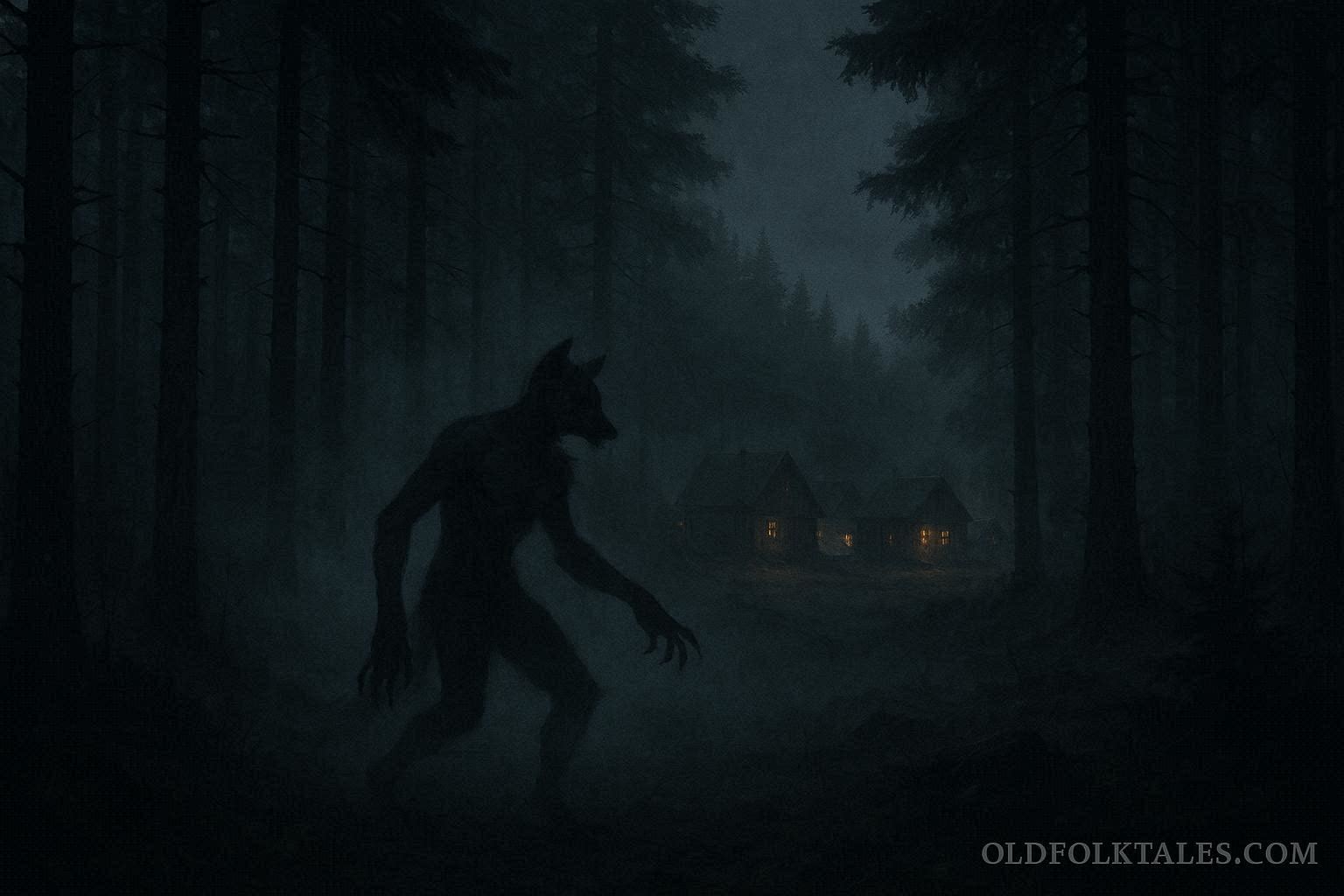 Shadowy shapeshifting spirit figure in a dark forest representing the Skadegamutc ghost witch legend