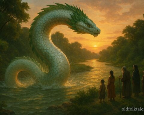 Giant serpent guarding a sacred river, inspired by the Choctaw water guardian legend