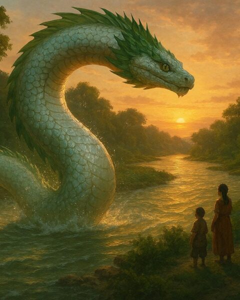 Giant serpent guarding a sacred river, inspired by the Choctaw water guardian legend