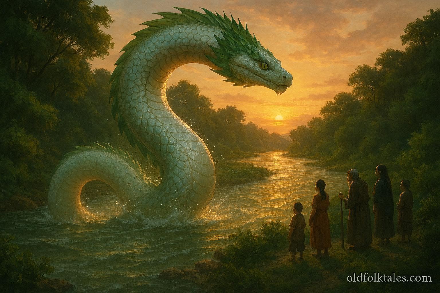 Giant serpent guarding a sacred river, inspired by the Choctaw water guardian legend