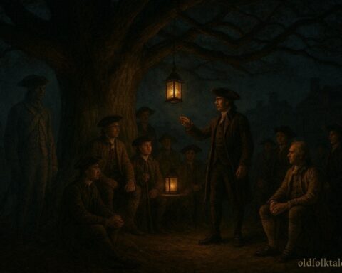 A ghostly soldier standing guard near the Liberty Tree in colonial Boston