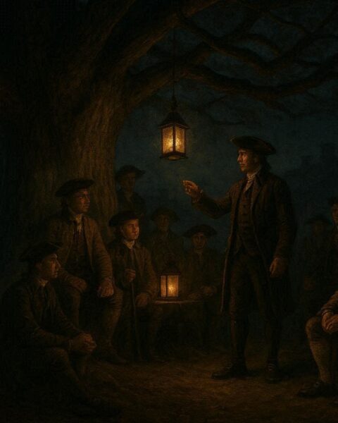 A ghostly soldier standing guard near the Liberty Tree in colonial Boston