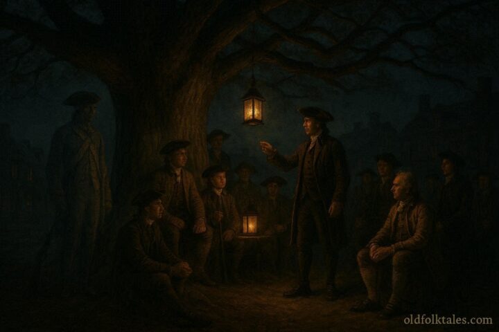 A ghostly soldier standing guard near the Liberty Tree in colonial Boston