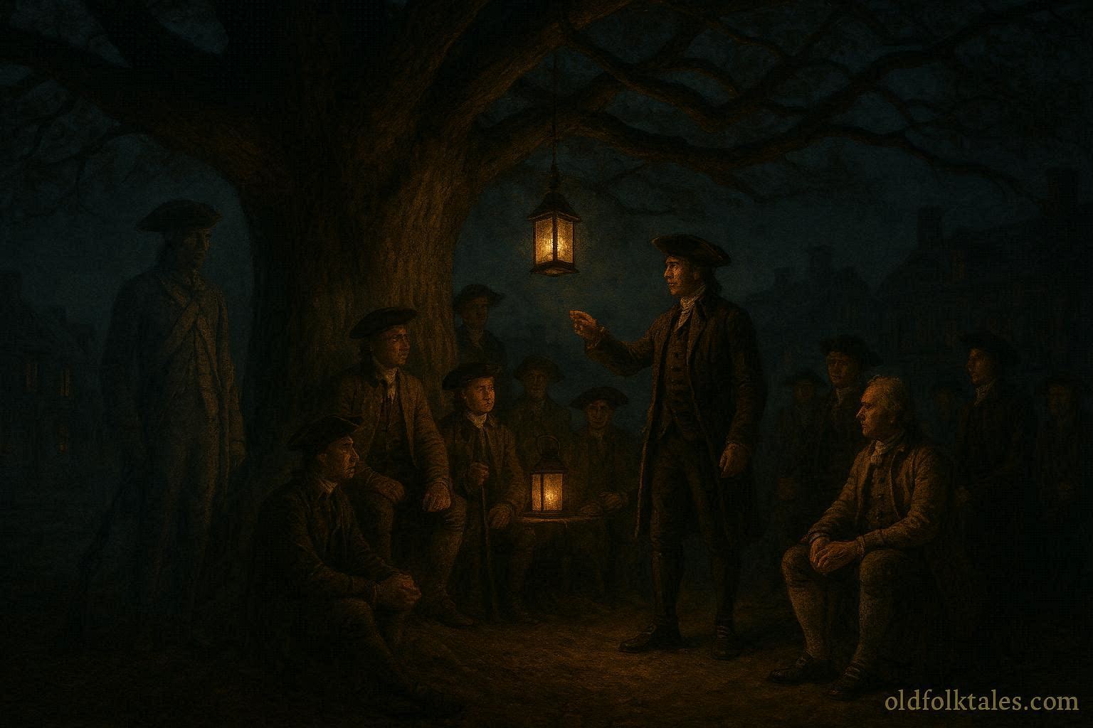 A ghostly soldier standing guard near the Liberty Tree in colonial Boston