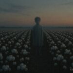 A faint ghostlike child standing in a cotton field at dusk
