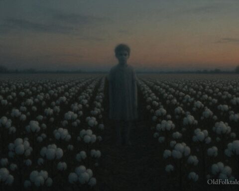 A faint ghostlike child standing in a cotton field at dusk