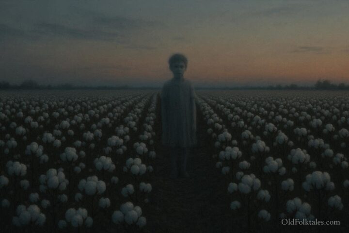 A faint ghostlike child standing in a cotton field at dusk