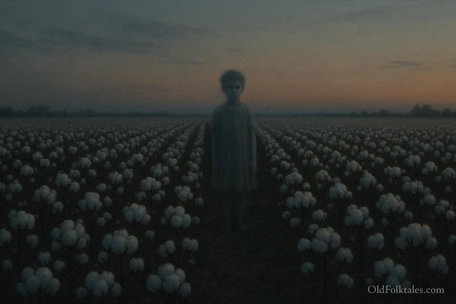 A faint ghostlike child standing in a cotton field at dusk