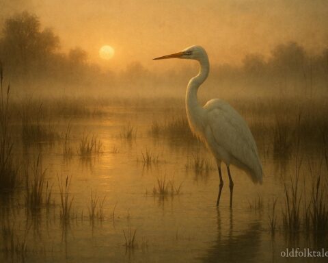 Majestic crane standing in misty wetlands representing the Spirit Crane legend