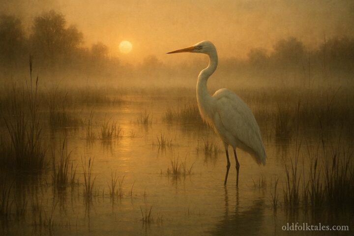 Majestic crane standing in misty wetlands representing the Spirit Crane legend