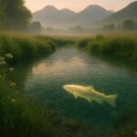 Luminous spirit fish swimming in a sacred spring representing the Ute legend