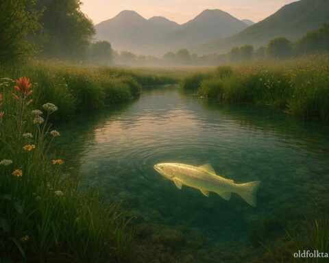 Luminous spirit fish swimming in a sacred spring representing the Ute legend