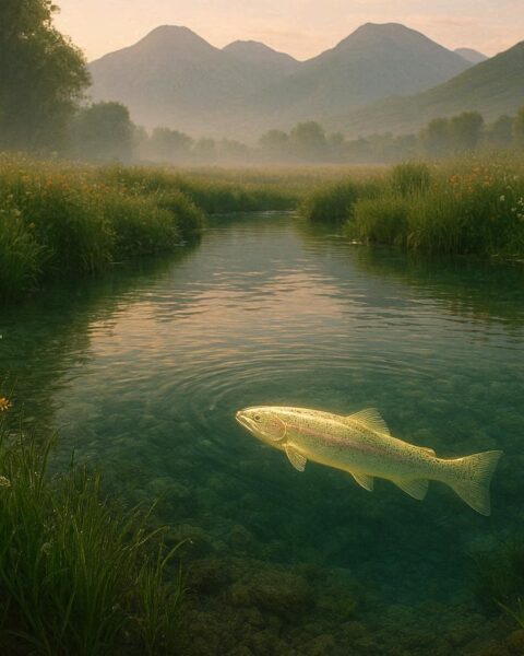Luminous spirit fish swimming in a sacred spring representing the Ute legend