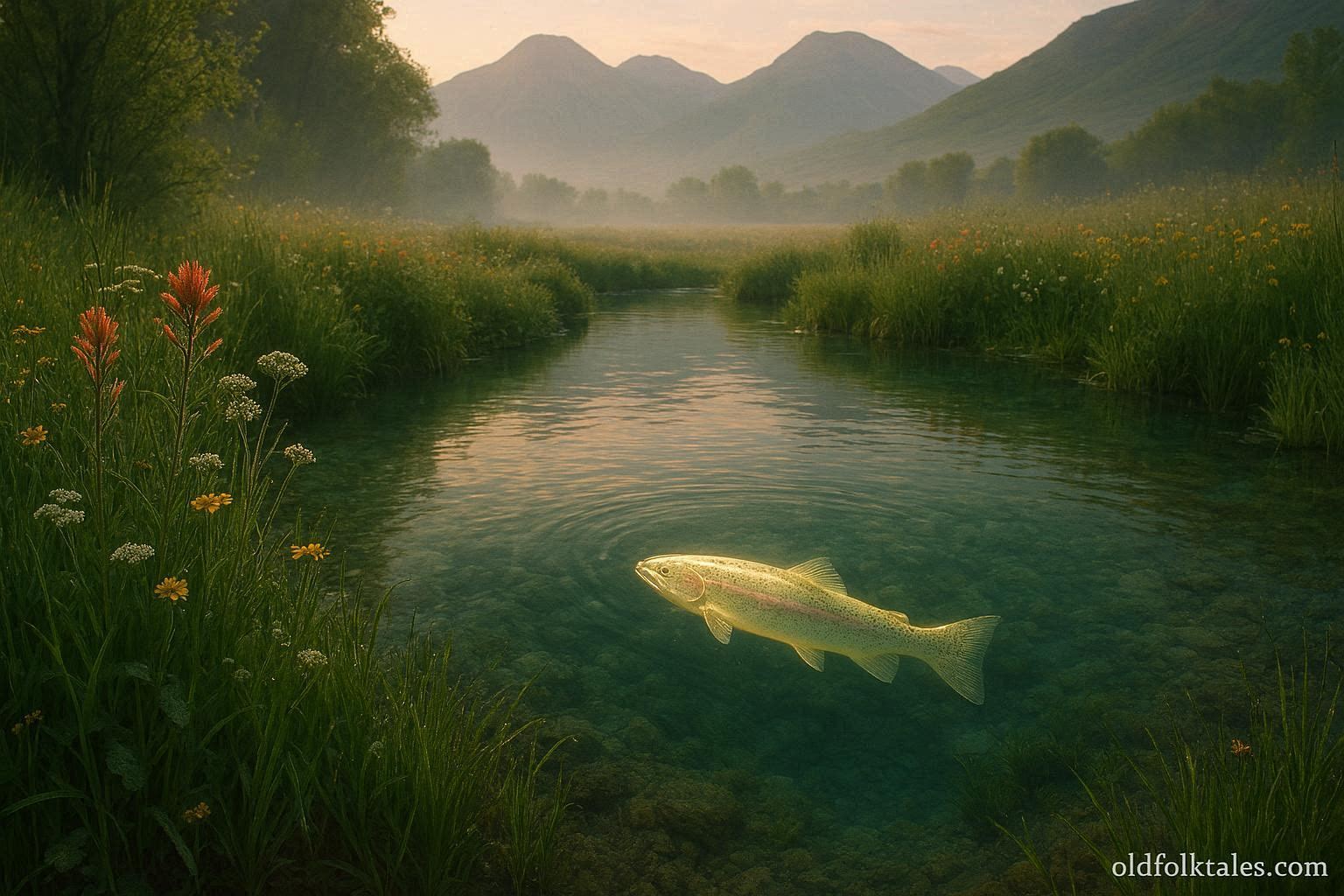 Luminous spirit fish swimming in a sacred spring representing the Ute legend