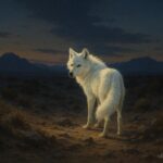White wolf standing on a desert path representing the Navajo Spirit Wolf guardian legend
