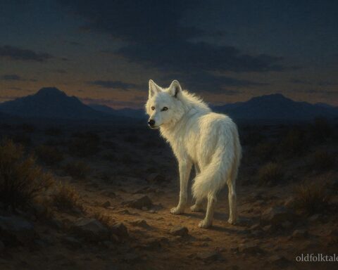 White wolf standing on a desert path representing the Navajo Spirit Wolf guardian legend