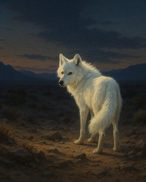 White wolf standing on a desert path representing the Navajo Spirit Wolf guardian legend