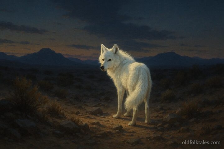 White wolf standing on a desert path representing the Navajo Spirit Wolf guardian legend