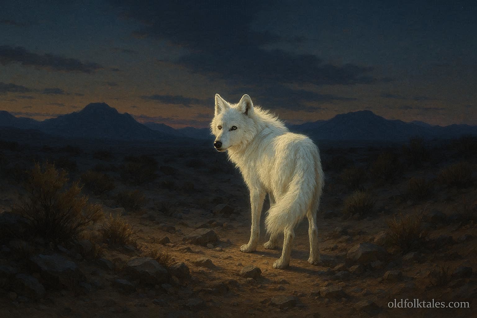 White wolf standing on a desert path representing the Navajo Spirit Wolf guardian legend