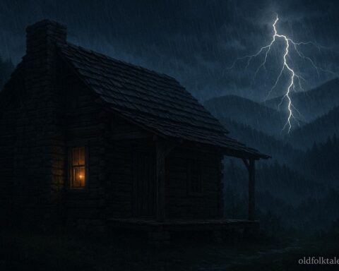 Storm candle glowing in a cabin window during a thunderstorm representing Appalachian weather protection folklore