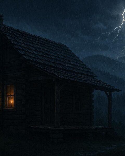 Storm candle glowing in a cabin window during a thunderstorm representing Appalachian weather protection folklore