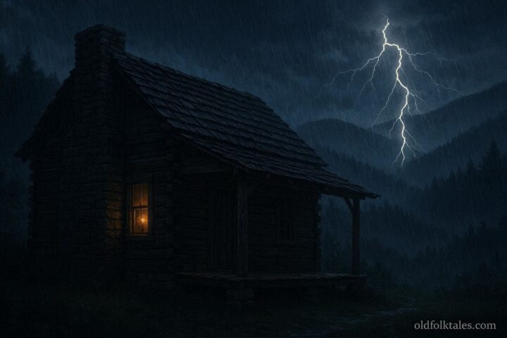 Storm candle glowing in a cabin window during a thunderstorm representing Appalachian weather protection folklore