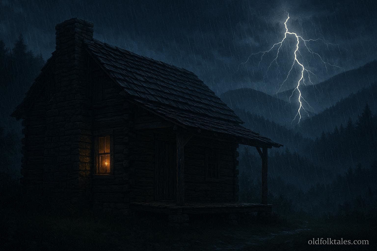 Storm candle glowing in a cabin window during a thunderstorm representing Appalachian weather protection folklore