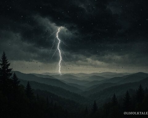 Storm scene with frozen raindrops and lightning showing time paused