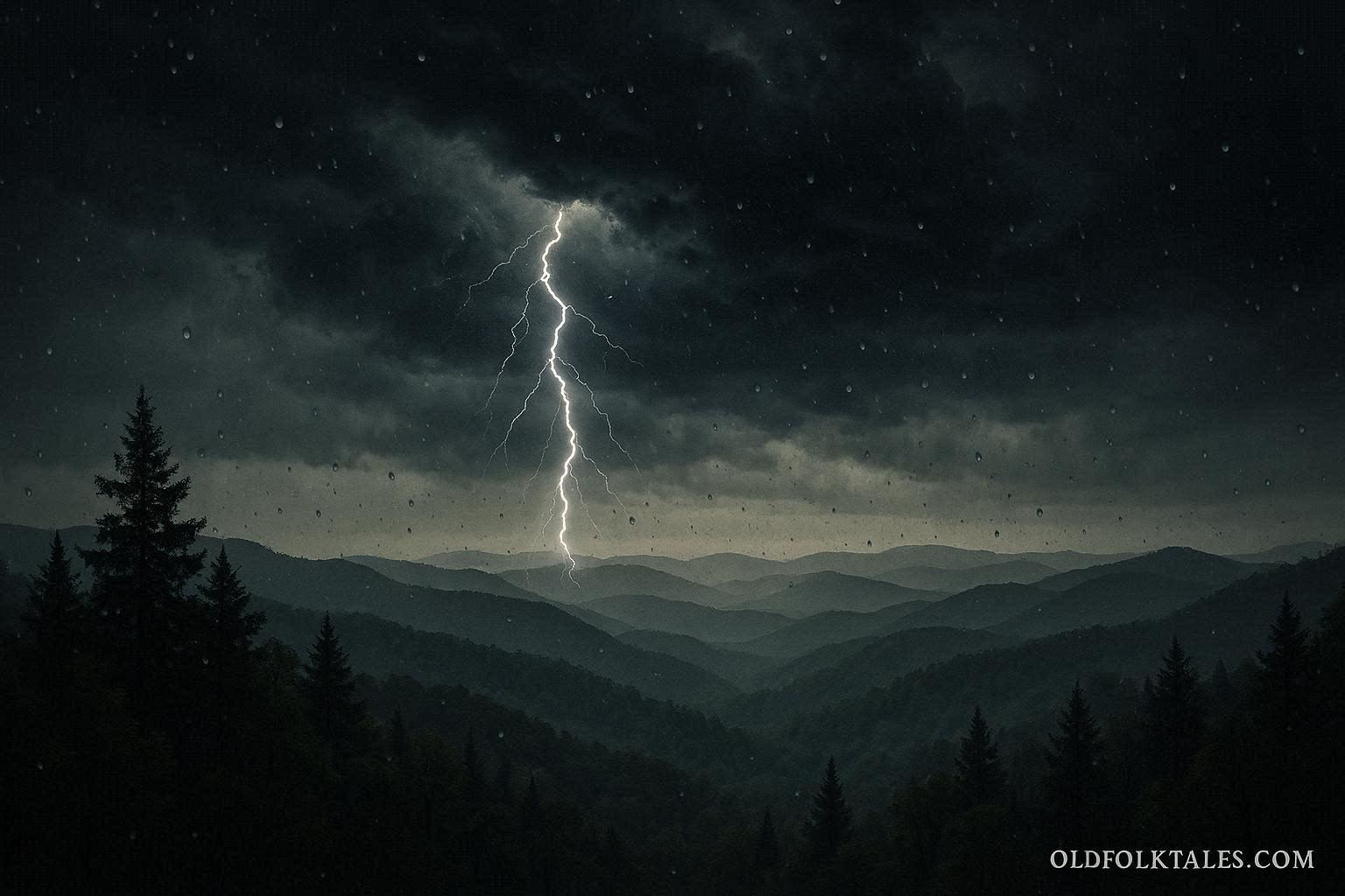 Storm scene with frozen raindrops and lightning showing time paused