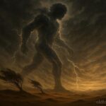 A storm forming a human-like figure moving across the land with lightning and strong winds