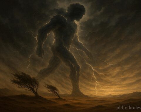 A storm forming a human-like figure moving across the land with lightning and strong winds