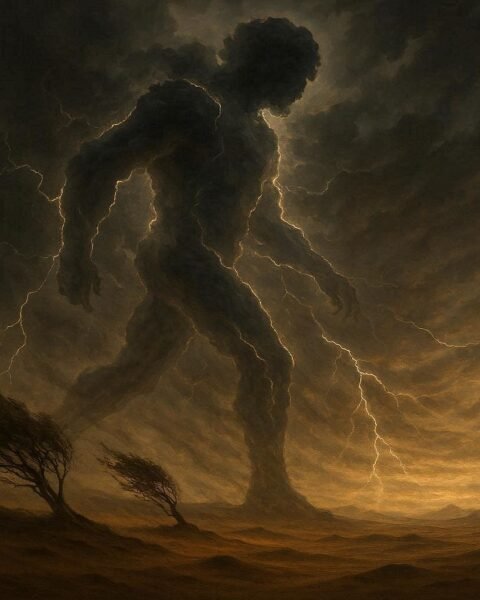A storm forming a human-like figure moving across the land with lightning and strong winds