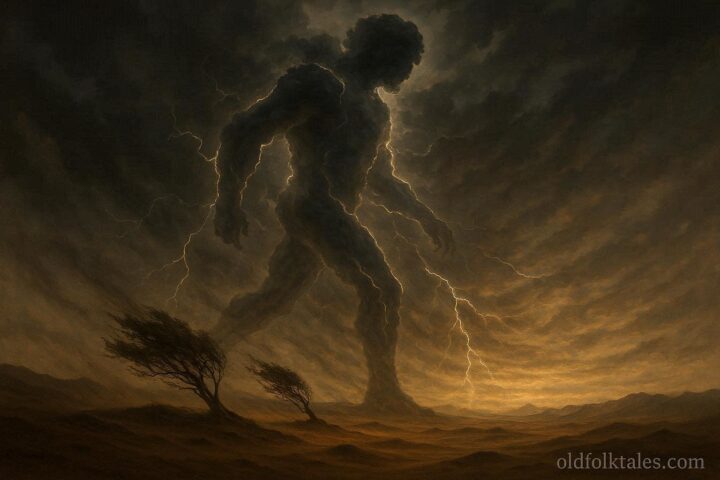A storm forming a human-like figure moving across the land with lightning and strong winds