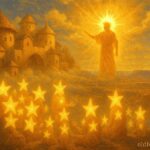 Sun Chief and star people in a glowing sky village above the Earth